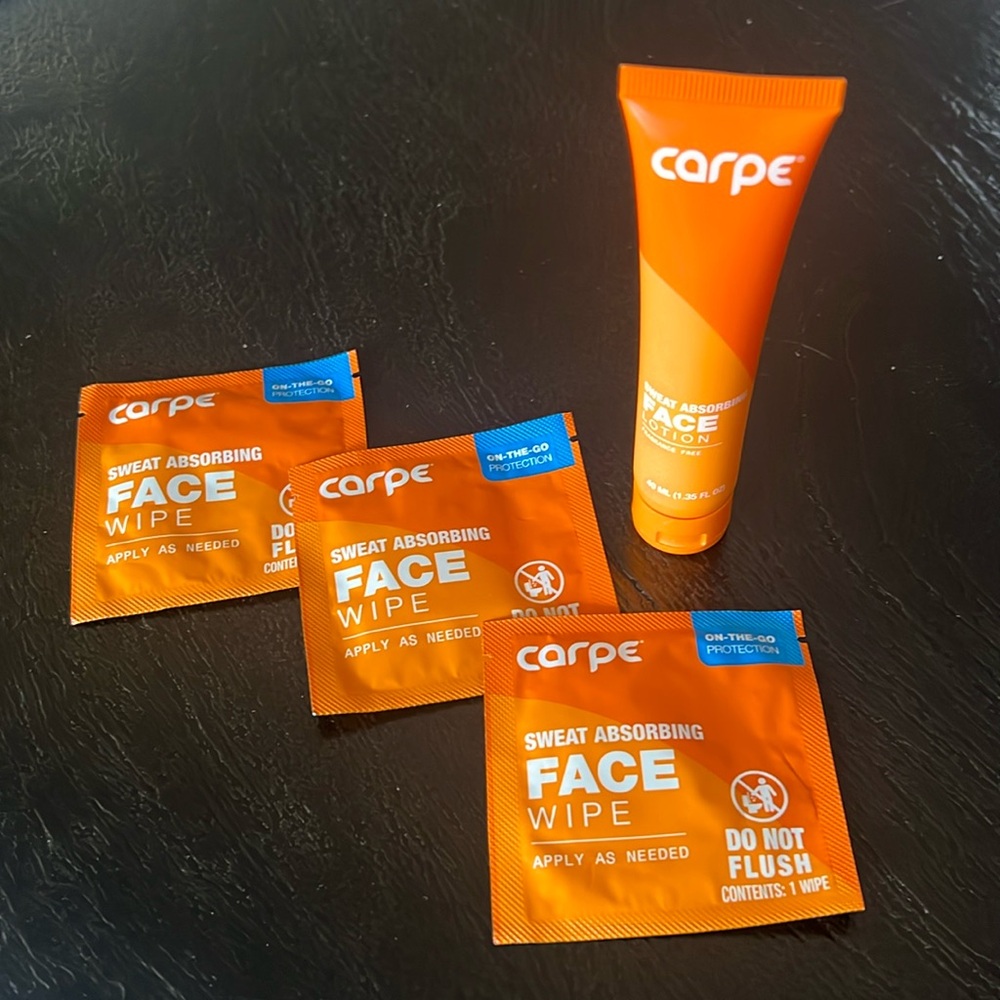 NWT 1 Carpe Sweat absorption face lotion + 3 sweat absorbing face wipes
